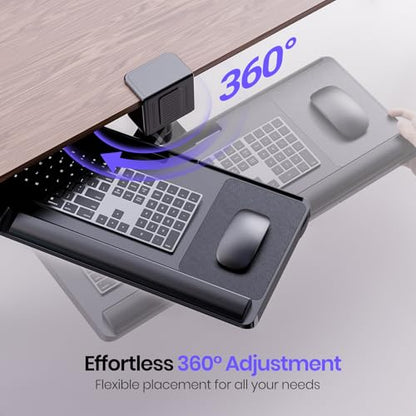 Klearlook Upgraded Adjustable Keyboard Tray for Above Desk & Under Desk Use | 24.4"×10" Platform with 360° Rotation & 180° Tilt, Wrist Rest & Storage Drawer, Phone Slot & Headphone Hanger & Mouse Pad