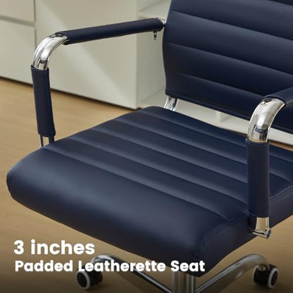 Office Desk Chair Leather, Conference Room Chairs with Wheels, Modern Executive Computer Guest Chairs with Arms. - color: Navy Blue