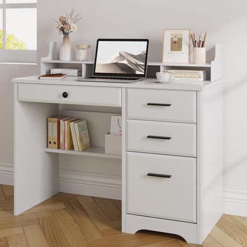 4 EVER WINNER White Desk with Drawers, Small Desk with File Drawer for Small Spaces, Writing Desk with Monitor Stand Wood Table for Study Home Office, White - color: White