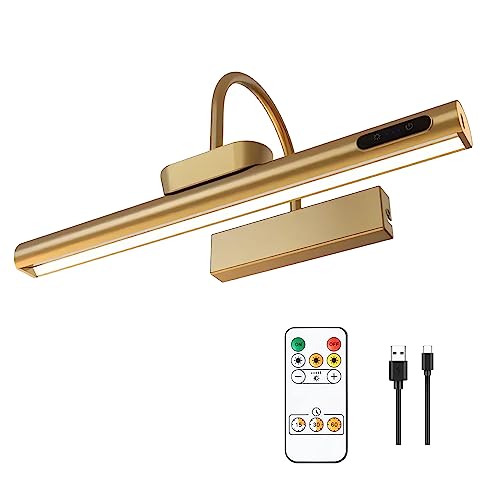 Dimmable Cordless Picture Light with Controller and Timer, Rechargeable 5000mAh Battery Wall Sconce for Wall Pictures, Gallery Artwork, Paintings, Portraits, Dartboards (Gold) - color: Gold
