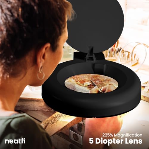 Neatfi LED Magnifying Lamp with Clamp | 12W | 60 SMD LEDs |1,200 Lumens | Adjustable Step Dimming | 2.25x Magnification Desk Lamp Magnifier for Crafts, Painting, and Hobbies (Black-2, 5-Diopter) - color: Black-2, size: 5-Diopter