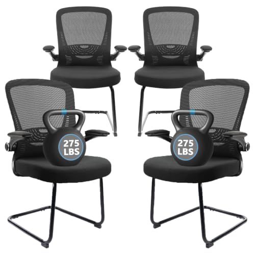 CLATINA Office Guest Chair no Wheels, Ergonomic Mesh Desk Chair Adjustable Lumbar Support and Flip Up Arms, Sled Base for Office Guest & Reception Chairs for Conference Room,Black (4PK) - color: Black Flip Up Armrests, size: 4PK