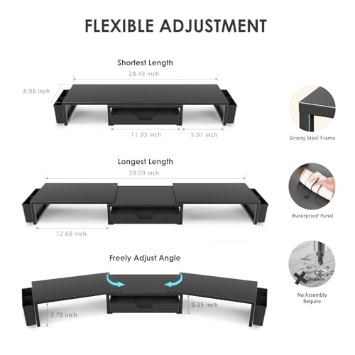 OPNICE Desk Organizers and Accessories, Dual Monitor Stand Riser with Drawer and 2 Pen Holders, Desk Shelf Computer Racks & Printer Stand for Office Workspace Organizers, Desktop Organization (Black) - color: Black
