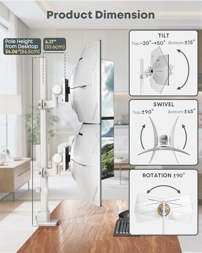 Dual Ultrawide Monitor Mount for 24-57'' Screens, Max Load 59.4 lbs per Arm | Vertically Stacked, Heavy Duty, Aluminum, Fully Adjustable, Topside Clamp/Grommet Mounting, VESA 75/100 mm, White - color: White