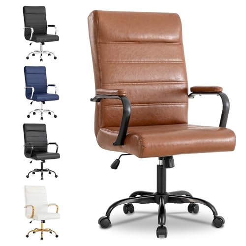 Office Desk Chair,Modern Leather Conference Room Chairs,High Back Home ofiice Chair,Adjustable Height Swivel Executive Computer Chair with Armrest and Padded Seat,Brown with Black Frame - color: Brown/Black Frame