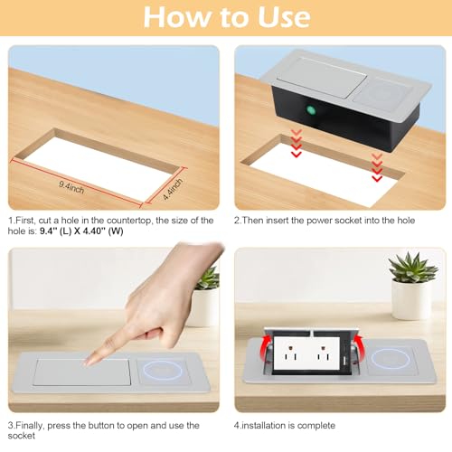 Table Pop Up Outlet Automatic Pop Up Strip Center Countertop Recessed Power Strip with 15W Wireless Charger + USB A + USB C + 2AC 5.9Ft Cord for Conference Desk Office Kitchen (Silver-Wireless) - style: Silver-Wireless