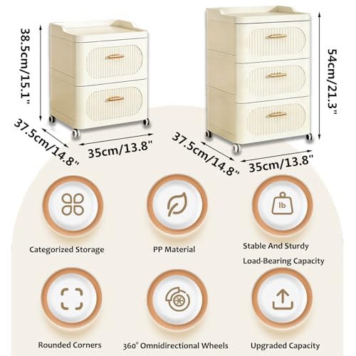 Rolling Nightstand with 3 Drawers, Slim Bedside Table - size: 35x37.5x38.5cm