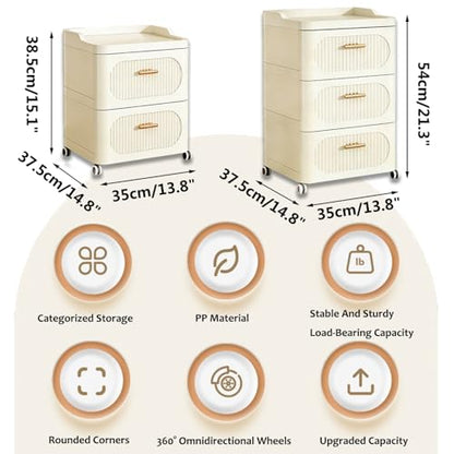 Rolling Nightstand with 3 Drawers, Slim Bedside Table - size: 35x37.5x38.5cm