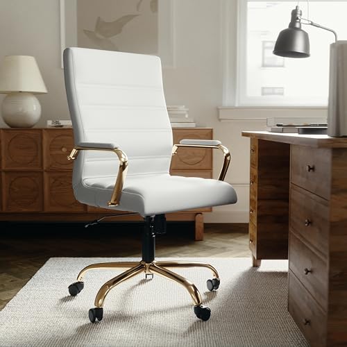 Flash Furniture High Back White LeatherSoft Executive Swivel Office Chair with Gold Frame and Arms - color: White Leathersoft/Gold Frame