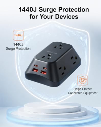 Desk Clamp Power Strip, 6 AC, 2 USB-C & 2 USB-A, 1440J, 6FT Cord - size: 6FT-Black