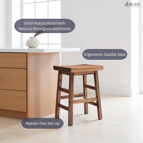 Alaterre Durango Solid Wood Rustic Bar Stool, Natural, 26-Inch | Counter Height Backless Barstool Kitchen Seating with Saddle Seat, Barstools for Kitchen and Home Bar - size: 26" Counter Height