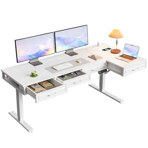 63 Inch L Shaped Standing Desk with 4 Wooden Drawers, White | Reversible Corner Table, Office Table With 4 Wooden Drawers and Outlets For Home Office, Computer Workstation, Sit Stand Use - color: White, size: 63 Inch
