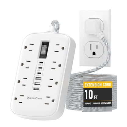 10FT Extension Cord with 6 USB(3 USB C) 8 Outlets, Flat Plug Power Strip - size: 10 FT-White-Three Prong