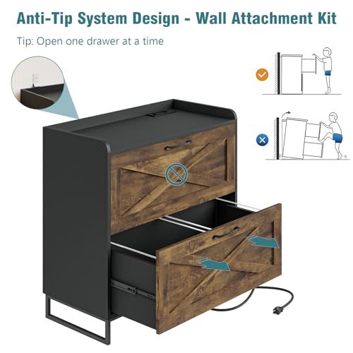 Vabches 2 Drawer Lateral File Cabinet with Charging Station, Brown & Black - color: Rustic Brown