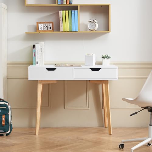 VEVOR Small Desk with Drawers, Kids Desk for Bedroom, Wooden Simple Study Table for Drawing, Reading, Writing, Rectangle MDF Furniture Study Storage Table for Home, Office, White + Wood - size: 38.98"D x 20.08"W x 30.12"H