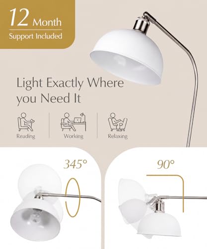HarvestLand Halo Silver Floor Lamp with Adjustable Reading Light | Adjustable reading light, solid metal base, E26 bulb compatible. - color: White