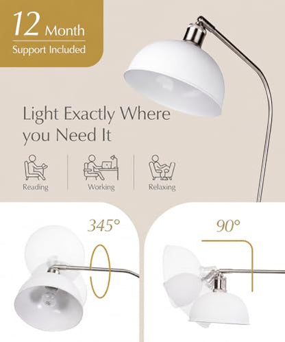 HarvestLand Halo Silver Floor Lamp with Adjustable Reading Light | Adjustable reading light, solid metal base, E26 bulb compatible. - color: White