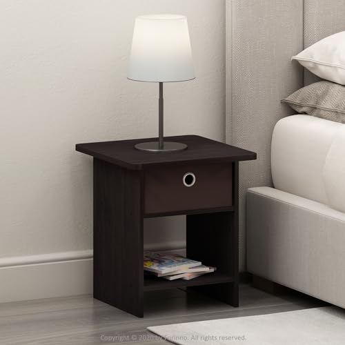 Furinno Dario End Table / Side Table / Night Stand / Bedside Table with Bin Drawer, 2-Pack, Dark Walnut | with Storage Bin, Round Corner Night Stand, Bedside Table with Open Back Shelf, for Living Room, Bedroom - color: Dark Walnut, size: 2-Pack, Upper Bi
