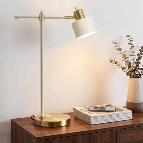 22.2" Modern Desk Lamp, Metal Table Lamp with LED Bulb, Adjustable Reading Lamps for Living Room, Mid Century Nightstand Lamp for Home Office, Industrial Bedside Lamps, Cream and Gold - color: Cream and White