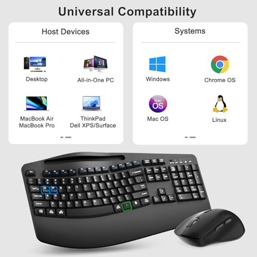 Wireless Keyboard and Mouse Combo, Full Size Ergonomic Wave Keys(Black) - color: Black