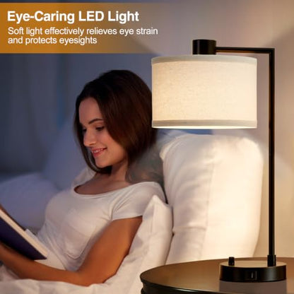 Luvkczc Table Lamp for Bedroom Set of 2 with USB C+A Ports, Fully Stepless Dimmable Bedside Lamp with Linen Lampshade, Contemporary Lamp for Living Room Reading Office, 2 LED Bulbs Included (Black) | Nightstand Lamp with Linen Lampshade, 2 LED Bulbs Inclu