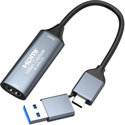 4K HDMI to USB 3.0 Type C Video Capture Card 1080P 60FPS Cam Link Capture Adapter Screen Record Device for Streaming, Gaming, Video Conference, Teaching, Live Broadcasting - color: Grey