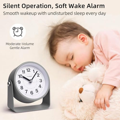 TIMESS Analog Alarm Clock with Snooze & Light, Silent Non-Ticking, Gray | On-demand light, quartz movement, battery operated, easy to set, gentle wake alarm, bedside clock for home, travel, or office - color: Gray