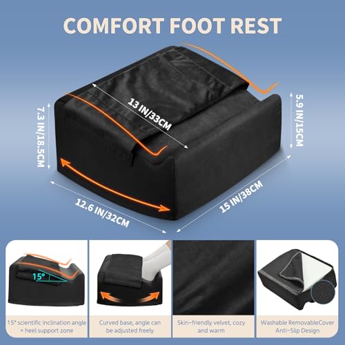Under Desk Footrest with Rocking Base & Warming Cover, Black Velvet | Washable velvet cover | 15° tilt + rocking base | 2 heights: 6.1"/7.3" | Non-slip | Office, gaming, home - color: Black, size: 12.6" L x 15" W x 7.3"