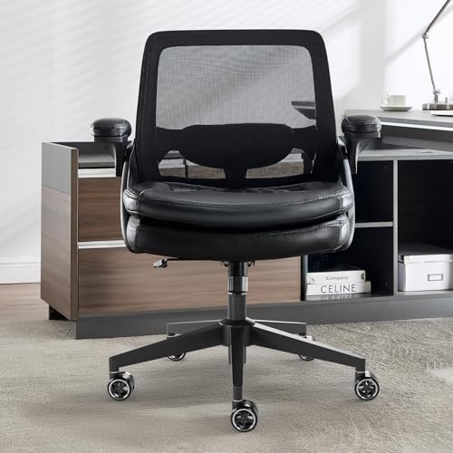 Big and Tall Office Chair, 500lbs Heavy Duty Ergonomic Mesh, Black | Flip-Up Armrests, Plus Size PU Leather Wide Seat, 360° Swivel Computer Executive Task Chair for Home Office, Up to 500LBS Cap - color: Black, size: 1BOX