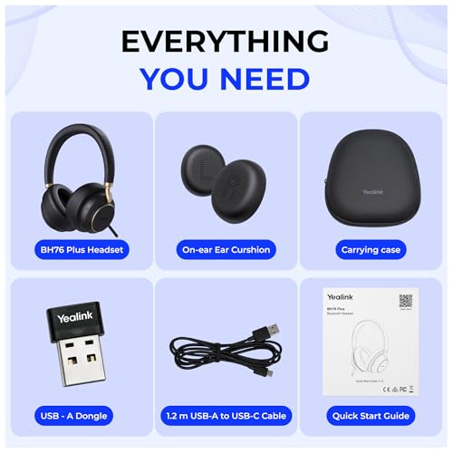 YealinkBH76 Plus UC Wireless Headset for Work (1208708), Bluetooth Headset with ANC Mic, Retractable Mic Arm, Switchable Earpads, Compatible with Teams, Zoom & Business Calls