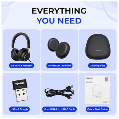 YealinkBH76 Plus UC Wireless Headset for Work (1208708), Bluetooth Headset with ANC Mic, Retractable Mic Arm, Switchable Earpads, Compatible with Teams, Zoom & Business Calls