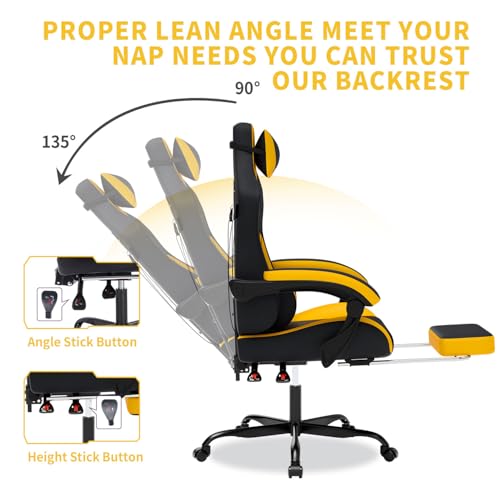 Gaming Chair with Massage,Ergonomic PC Gaming Chair with Footrest Comfortable Headrest and Lumbar Support,High Back Game Chair PVC Leather,300LBS (BlackYellow) - color: Blackyellow