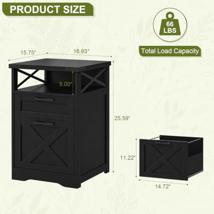 Vabches Office Filing Vertical Cabinet with 2 Drawers, Black | Farmhouse Filing Cabinet with Open Storage Space and Printer Stand for Hanging Files Letter/A4 for Home Office. - color: Black, style: Vertical