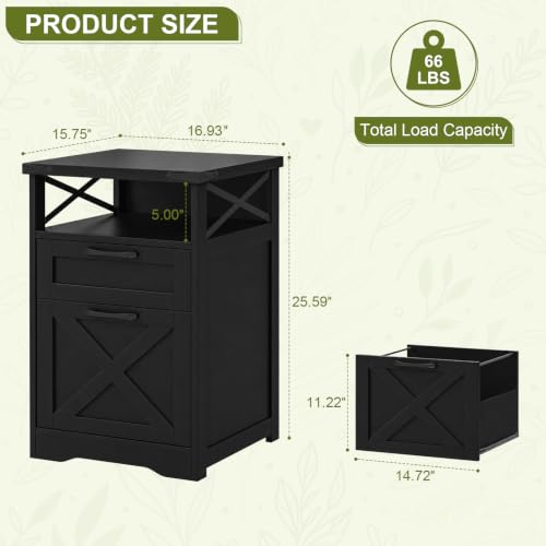 Halitaa Office Filing Vertical Cabinet with 2 Drawers, Black | Farmhouse Filing Cabinet with Open Storage Space and Printer Stand for Hanging Files Letter/A4 for Home Office - color: Black, style: Vertical