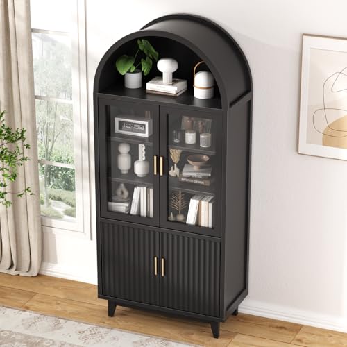 Arched Cabinet with Glass Doors, Fluted Pantry Cabinet with Solid Wood Legs - color: Black, size: Tall Arched - 15.7"D x 31.1"W x 70.8"H