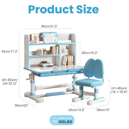 Kid Study Desk and Chair Set 3-12 Height Adjustable Ergonomic Desk | School Art Desk, 50° Tiltable Desktop, Easy-Turn Crank, Storage Drawer & Built-in Bookstand for Children Boys & Girls - color: 013-blue-31.5in