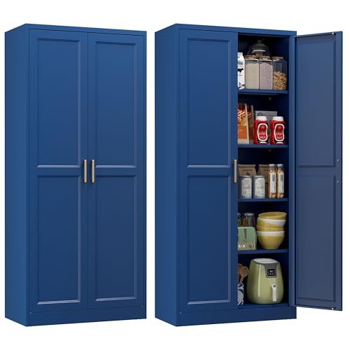 Polup 71" Blue Metal Kitchen Pantry Storage Cabinet with Doors and Shelves | Tall Freestanding Cupboard, 5-Tier Heavy Duty, 4 Adjustable Shelving, Gold Handles, for Garage, Dining Living Room, Office - color: Blue, size: 71"H with No Drawers