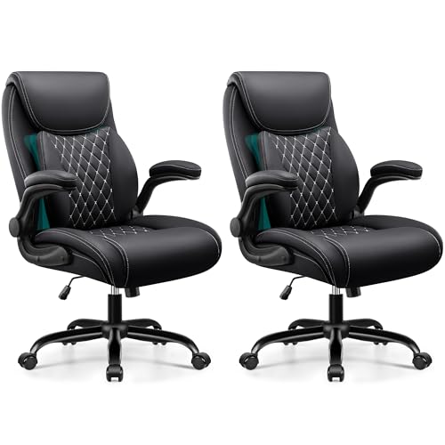 Office Desk Chair, Ergonomic Lumbar Support for Lower Back Pain | Executive Leather Home Chairs Comfy with Padded Flip-up Armrests, Black,2-Pack - color: Black, size: 2 Pack