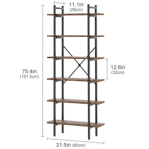 6 Tiers Bookshelf Organizer Industrial Tall Shelving, Modern Open Bookcase - color: Rustic Brown, size: 6-Tiers