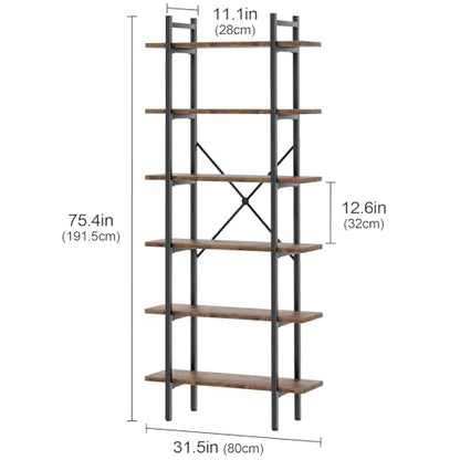 6 Tiers Bookshelf Organizer Industrial Tall Shelving, Modern Open Bookcase - color: Rustic Brown, size: 6-Tiers
