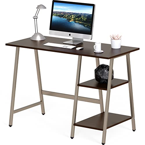 SHW 43-Inch Trestle Computer Desk with Open Storage Shelves, Espresso | w/ Adjustable Glides - color: Espresso