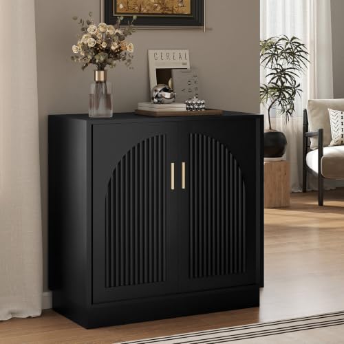 31.5" Fluted Sideboard Cabinet with Arched Doors, Buffet Cabinet, Black - color: Black