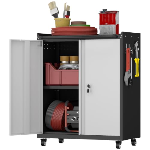 Metal Tool Chest, Rolling Garage Cabinet with Adjustable Shelves, Metal Locking Cabinet with 2 Keys, Steel Tool Chest on Wheels for Basement, Warehouse, Utility Room, Grey - color: 32"h - Grey/Black