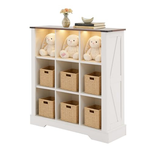9 Cube Storage Organizer with LED Lights, Wooden Cube Bookcase with Back Panel, White Cube Shelf Freestanding Bookshelf, Hallway TV Stand for Living Room, Bedroom, Office - color: White, size: 9-cube