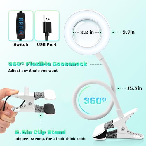 10X Magnifying Glass with Light and Stand,Hands Free Clip on Magnifier Lamp - color: White
