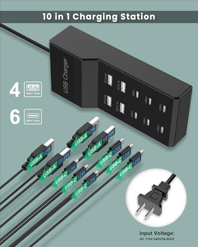 6 USB-C & 4 USB-A Port Charging Block Station Power Strip Cord Plug Hub | UL Listed Multiport Charging Strip Hub Plug for iPhone 17 18 16 15 14 13 12 Galaxy Series Tablet Headphones Multi Devices - color: Black-6*USB-C & 4*USB-A Ports