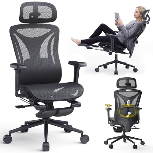CYKOV Ergonomic Office Chair with Footrest - Adjustable Lumbar Support & Headrest, 90-160° Reclining Mesh Back Computer Chair - Home Office/Gaming, 350lbs Capacity (B-Black, Mesh) - color: B-black