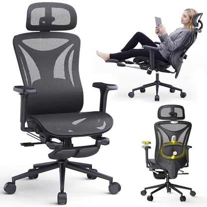 CYKOV Ergonomic Office Chair with Footrest - Adjustable Lumbar Support & Headrest, 90-160° Reclining Mesh Back Computer Chair - Home Office/Gaming, 350lbs Capacity (B-Black, Mesh) - color: B-black