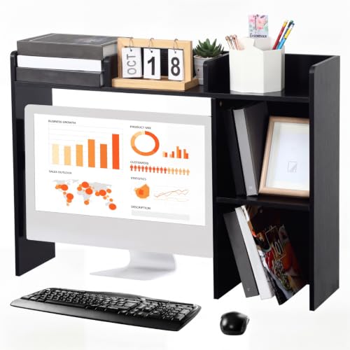 Briwooody Dorm Desk Bookshelf Desk Hutch Organizer with 5 Shelves and 3 Tier Desktop Hutch Storage Organizer for College Dorm Home Office Supply, 32.5 x 23.5 x 8 Inch(Black) - color: Black