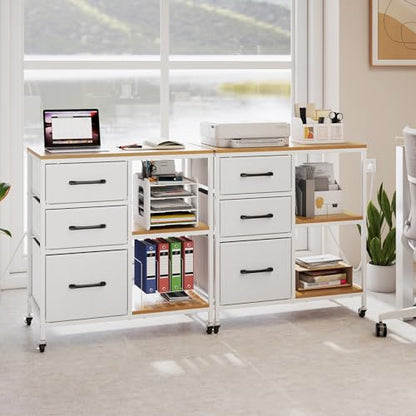 GOFLAME 3 Drawer Mobile File Cabinet with Charging Station, Rolling Printer Stand with Open Storage Shelves, Wooden Storage Cabinet on Wheels for Home Office (Natural and White) - color: Natural and White